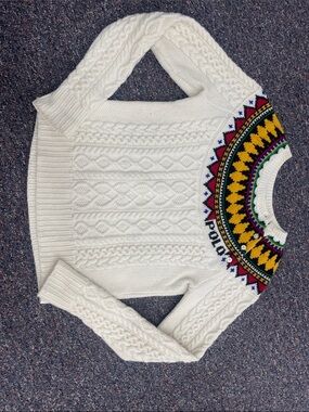 Polo by Ralph Lauren Cream Cable Knit Sweater with Multicolor Fair Isle Yoke